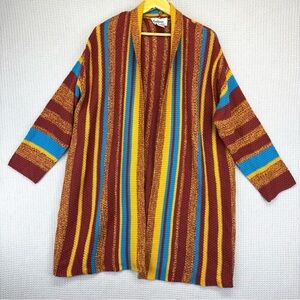 Vtg Anthony Richards Striped Maroon Mustard Yellow Blue Acrylic Cardigan L Retro